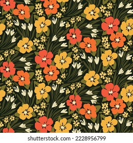 Seamless floral pattern, cute ditsy print with summer meadow in natural colors. Trendy flower background with hand drawn small plants: flowers, tiny leaves, grass on green. Vector floral design.