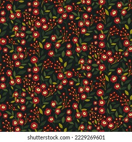 Seamless floral pattern, cute ditsy print with petty hand drawn meadow. Cute flower design with tiny hand drawn wild plant: small red flowers, green leaves on a dark background. Vector illustration.