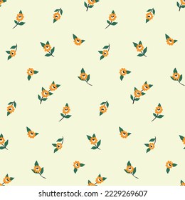 Patrón floral sin foco, tira tibia adorable con ramas de flores diminutas al estilo rústico. Bonito diseño de fondo floral con flores dibujadas a mano, hojas, ramas en un arreglo de libertad. Vector.