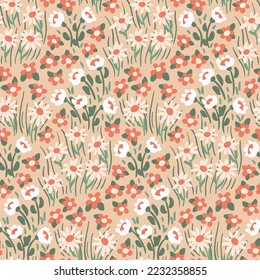 Seamless floral pattern, cute ditsy print with gentle liberty meadow. Pretty flower design with small hand drawn plants: tiny flowers, leaves on a light pink background. Vector botanical illustration.