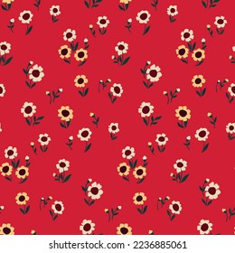 Seamless floral pattern, cute ditsy print with mini sunflowers on a red background. Pretty flower design with small hand drawn flowers, leaves in liberty arrangement. Vector illustration.