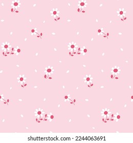 Seamless floral pattern, cute ditsy print with mini daisies. Pretty flower design with small hand drawn flowers, tiny leaves in liberty arrangement on pink background. Vector illustration.