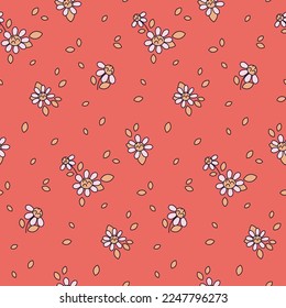 Seamless floral pattern, cute ditsy print with small flowers. Simple flower design with tiny line drawn daisies, leaves in liberty arrangement on red background. Vector illustration.