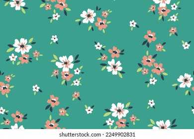 Seamless floral pattern, cute ditsy print with rustic motif. Romantic flower design, liberty arrangement from small hand drawn flowers, tiny leaves on a blue background. Vector botanical illustration.