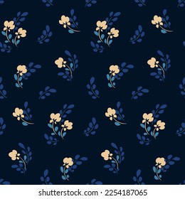 Seamless floral pattern, cute ditsy print with folk motif. Elegant botanical design with small decorative art plants: tiny hand drawn flowers, leaves on a dark background. Vector illustration.