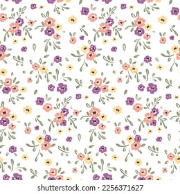 Seamless floral pattern, cute ditsy print with a rustic, folk motif. Pretty botanical design with small hand drawn flowers, tiny leaves in bouquets on white background. Liberty floral pattern. Vector.