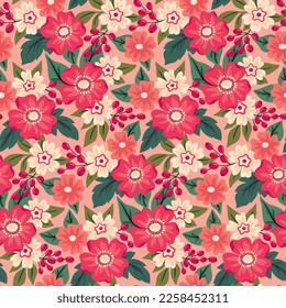 Seamless floral pattern, cute ditsy print in pink colors. Girly botanical background: hand drawn flowers buds, leaves in bouquets. Pretty flower surface design with liberty meadow. Vector illustration