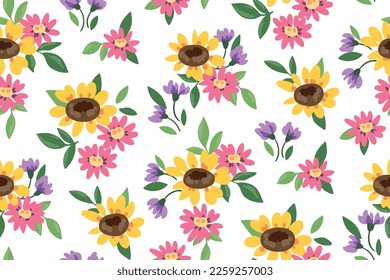 Seamless floral pattern, cute ditsy print with rustic motif. Pretty botanical design with hand drawn plants: small flowers buds, sunflower, leaves in bouquets on white background. Vector illustration.