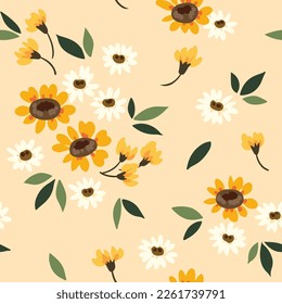 Nahtlose Blütenmuster, süßer Farbdruck mit rustikalem Motiv. Hübsches botanisches Design mit kleinen handgezeichneten Blumen, Sonnenblumen, Blättern auf hellsanftem Hintergrund. Vektorgrafik.