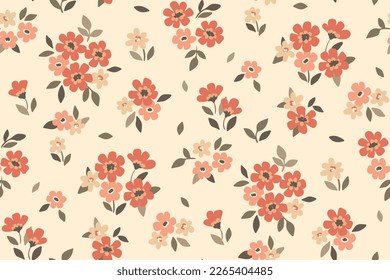 Seamless floral pattern, cute ditsy print with tiny plants in natural colors. Pretty botanical design, liberty arrangement of small hand drawn flowers, leaves on light background. Vector illustration.