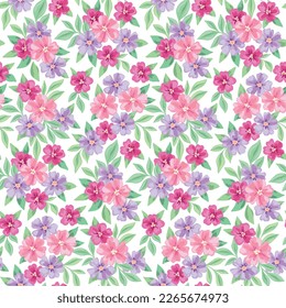 Seamless floral pattern, cute ditsy print with watercolor spring botany. Delicate botanical design with small hand drawn plants: flowers, leaves in bouquets on a white background. Vector illustration.