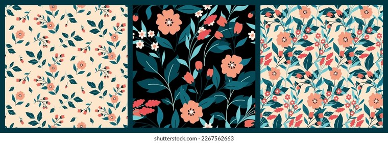 Patrón floral sin foco, adorable impresión de color marrón con arte decorativo de plantas salvajes en el conjunto. Diseño botánico bonito: flores dibujadas a mano, hojas, ramas sobre un fondo oscuro y claro. Ilustración vectorial.