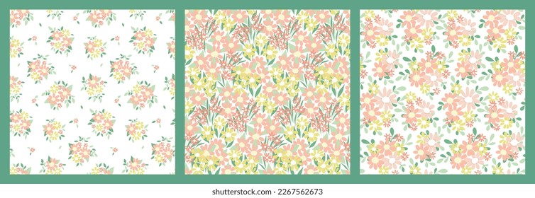 Seamless floral pattern, cute ditsy print with small flower bouquets in a set. Pretty spring botanical design with tiny hand drawn plants: flowers, leaves on white background. Vector illustration.