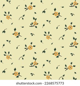 Seamless floral pattern, cute ditsy print with tiny yellow flowers with vintage motif. Pretty botanical design with small hand drawn flowers branches, leaves on a light background. Vector illustration