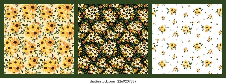 Nahtlose Blumenmuster, süßer, düster Druck mit gelben Blumen in einem Set. Hübsches botanisches Design mit rustikalem Motiv: kleine handgezeichnete Blumen, Blätter in Bouquets und auf dem Feld. Vektorgrafik.