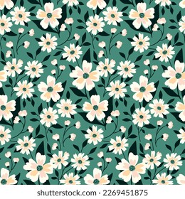 Seamless floral pattern, cute ditsy print with small hand drawn decorative plants. Pretty botanical design: little white flowers, leaves, blooming branches on a green background. Vector illustration.