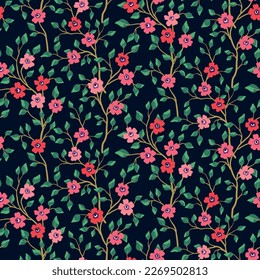 Nahtlose Blumenmuster, süßer Farbdruck mit hübschen Wildpflanzen. Botanisches Design mit Vintage-Motiv: kleine handgezeichnete Blumen auf Ästen, winzige Blätter auf dunklem Hintergrund. Vektorgrafik.