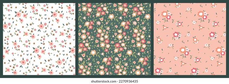 Seamless floral pattern, cute ditsy print of tiny hand drawn flowers in the set. Pretty botanical design of small flowers, leaves, bouquets. Girly flower background in collection. Vector illustration.