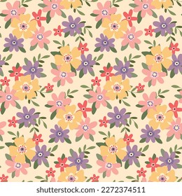 Seamless floral pattern, cute ditsy print with tender spring botany. Pretty botanical design with small hand drawn flowers, leaves, pastel meadow on a light background. Vector illustration.
