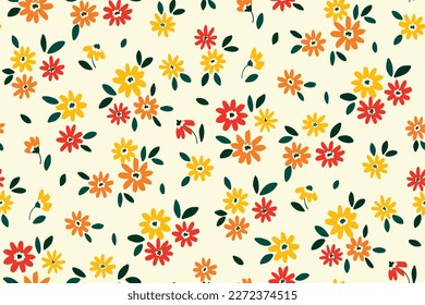 Seamless floral pattern, cute ditsy print with simple tiny flora. Pretty botanical design, liberty arrangement from small hand drawn flowers, leaves on white background. Vector illustration.