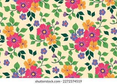 Seamless floral pattern, cute ditsy print with colorful decorative art plants. Summer botanical background design: small and large hand drawn flowers, leaves, twigs in bouquets. Vector illustration.