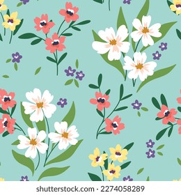 Patrón floral sin foco, tirita tierna adorable con botánica de primavera de la libertad. Diseño botánico con pequeñas plantas silvestres dibujadas a mano: flores, ramas diminutas, hojas en un fondo azul. Ilustración vectorial.