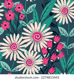 Patrón floral sin inconfundibles, tira atractiva con grandes camomilas en colores azul y rosa. Bonito diseño de superficie botánica con flora decorativa dibujada a mano: flores silvestres, hojas, ramas. Ilustración del vector