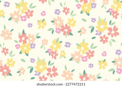 Seamless floral pattern, cute ditsy print with pretty spring, summer flora. Liberty botanical design with small hand drawn plants: simple flowers, leaves on white background. Vector illustration.