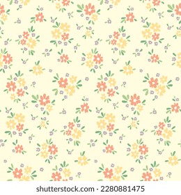 Seamless floral pattern, cute ditsy print with tiny flora in pastel colors. Pretty botanical design with small hand drawn flowers, leaves, mini bouquets on a light background. Vector illustration.