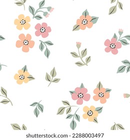 Seamless floral pattern, cute ditsy print in pastel colors. Pretty botanical design for fabric, paper with simple hand drawn plants: small flowers, leaves on a white background. Vector illustration.