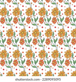 Seamless floral pattern, cute ditsy print with country motif. Pretty flower design, abstract composition of hand drawn plants: small yellow flowers, leaves on a light background. Vector illustration.