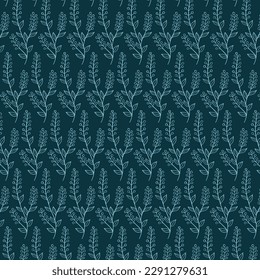 Seamless floral pattern, cute ditsy print with country motif. Pretty flower design, abstract composition of hand drawn plants: small yellow flowers, leaves on a light background. Vector illustration.