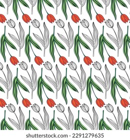 Seamless floral pattern, cute ditsy print with country motif. Pretty flower design, abstract composition of hand drawn plants: small yellow flowers, leaves on a light background. Vector illustration.