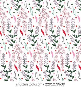 Seamless floral pattern, cute ditsy print with country motif. Pretty flower design, abstract composition of hand drawn plants: small yellow flowers, leaves on a light background. Vector illustration.
