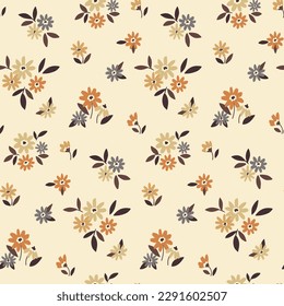 Nahtlose Blütenmuster, süßer Farbdruck mit Mini-Pflanzen mit rustikalem Vintage-Motiv. Delikates botanisches Design mit kleinen handgezeichneten Blumen, winzige Blätter auf hellem Hintergrund. Vektorgrafik.