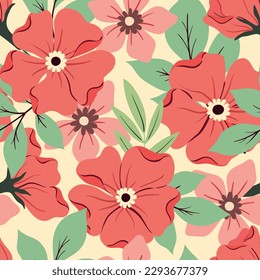 Seamless floral pattern, cute ditsy print with large flowers. Romantic botanical surface design with hand drawn plants: pink flowers, leaves on a light background. Vector illustration.