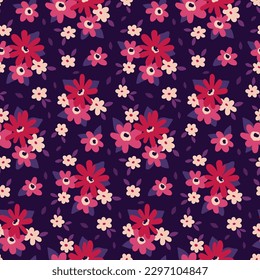 Patrón floral sin foco, adorable estampado de color con ramos. Tejido botánico o diseño de papel: flores dibujadas a mano pequeña, hojas diminutas en composición de libertad sobre fondo morado. Ilustración del vector