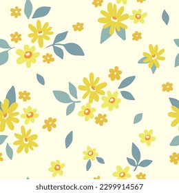 Seamless floral pattern, cute ditsy print with rustic motif. Simple botanical design for fabric, paper: hand drawn plants, small yellow flowers, tiny leaves on a white background. Vector illustration.