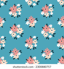 Seamless floral pattern, cute ditsy print with small bouquets. Pretty botanical design for fabric, paper: small hand drawn flowers, tiny leaves on a blue background. Vector illustration.