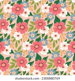 Seamless floral pattern, cute ditsy print with decorative art plants. Pretty botanical surface design: hand drawn flowers, leaves, bouquets on a light pink background. Vector illustration.