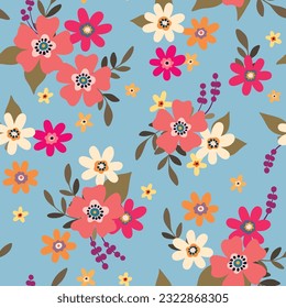 Patrón floral sin foco, adorable huella de color marrón con plantas decorativas simples. Diseño de superficie botánica: flores dibujadas a mano, hojas, prado colorido sobre un fondo azul. Ilustración vectorial.