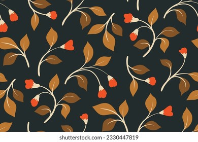 Seamless floral pattern, cute ditsy print with autumn botany. Beautiful botanical design with vintage motif: small hand drawn branches, tiny flowers, leaves on a brown background. Vector illustration.
