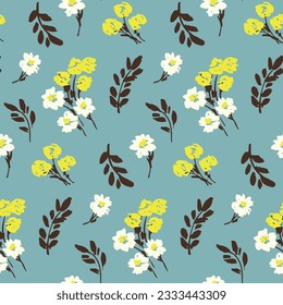 Seamless floral pattern, cute ditsy print, pretty ornament with wild plants drawing. Simple botanical design, tile: small hand drawn flowers, leaves, branches on a blue background. Vector illustration