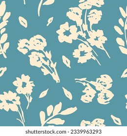 Seamless floral pattern, cute ditsy print, ornament with sketch plant silhouettes. Artistic botanical design: white hand drawn flowers, small leaves, branches on a blue background. Vector illustration