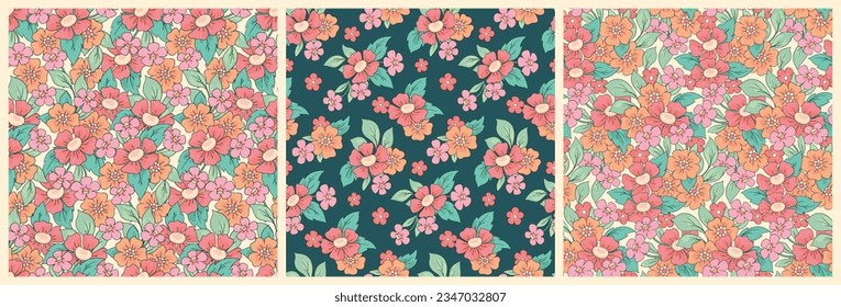 Seamless floral pattern, cute ditsy print with line drawing plants. Pretty botanical design set: colorful meadow, hand drawn daisy flowers, leaves, bouquets with retro motif. Vector illustration.