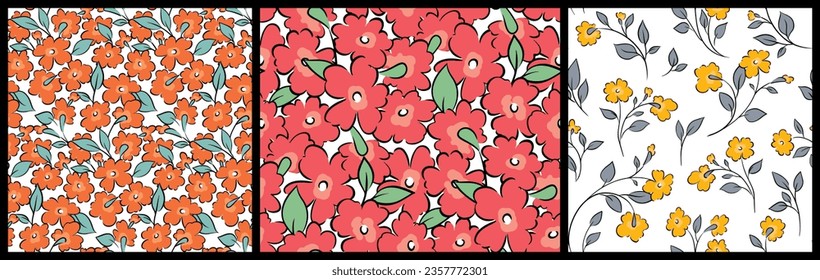 Seamless floral pattern, cute ditsy print with outline spring branches. Pretty colorful botanical design: hand drawn small flowers, leaves, branches on a white background. Pattern collection, vector.