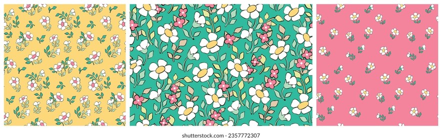 Seamless floral pattern, cute ditsy print with small cartoon daisies in the collection. Pretty summer design with hand drawn botany: tiny flowers, leaves, colorful meadow, different background. Vector