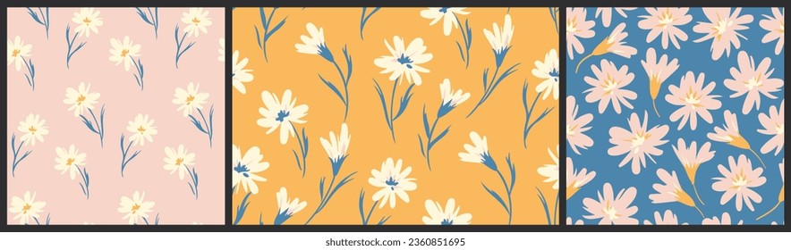 Seamless floral pattern, cute ditsy print in trendy colors in a collection. Artistic botanical background design with retro motif: simple hand drawn plants, small flowers, leaves. Vector illustration.