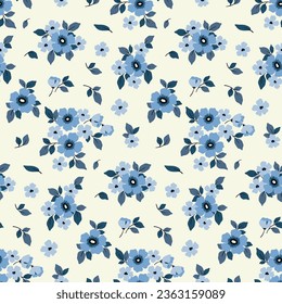 Seamless floral pattern, cute ditsy print with folk motif. Pretty botanical design, liberty ornament in cool colors: small hand drawn plants, blue flowers, leaves, bouquets on white background. Vector