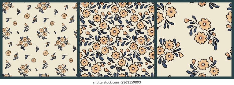 Patrón floral sin brillo, impresión tibia adorable con motivos folclóricos en la colección. Diseño botánico con plantas simples a mano en tonos azules y blancos: flores pequeñas, hojas sobre un fondo claro. Vector.